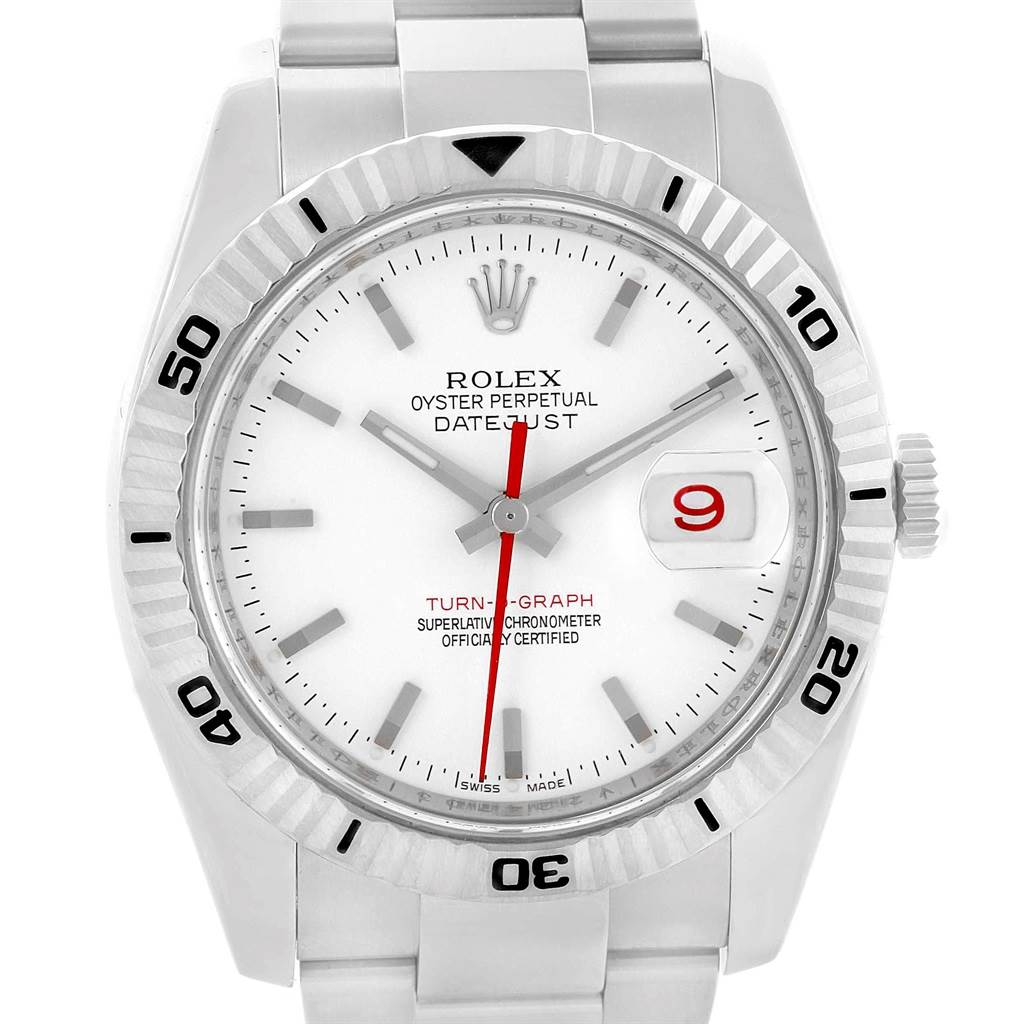 The image shows a front view of the Rolex Turn-o-Graph 116264 Men's Stainless Steel White Dial 116264 Men's Stainless Steel White Dial watch, highlighting the dial, hands, bezel, and bracelet.