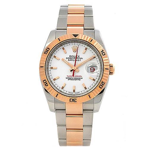 The image shows a Rolex Turn-o-Graph 116261 Men's Stainless Steel Grey Dial 116261 Men's Stainless Steel Grey Dial watch from a top-down view, featuring its two-tone bracelet, rotating bezel, and dial with a date window.