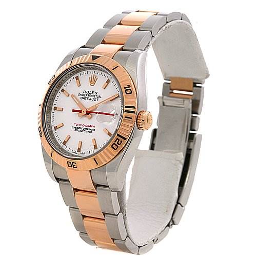 The image shows a Rolex Turn-o-Graph 116261 Men's Stainless Steel Grey Dial 116261 Men's Stainless Steel Grey Dial model watch at a three-quarter angle, highlighting the stainless steel and gold bezel, dial, and bracelet.