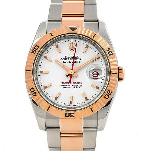 This image shows a Rolex Turn-o-Graph 116261 Men's Stainless Steel Grey Dial 116261 Men's Stainless Steel Grey Dial watch from a frontal angle, highlighting its face, bezel, bracelet, and date window.