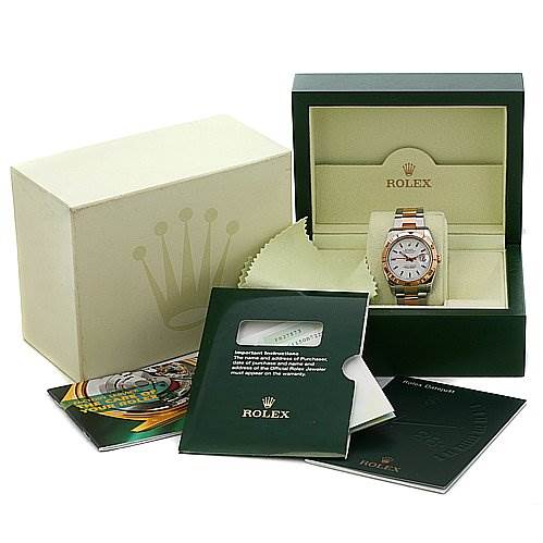 The image shows a Rolex Turn-o-Graph 116261 Men's Stainless Steel Grey Dial 116261 Men's Stainless Steel Grey Dial watch in its box, alongside manuals, a cloth, and outer packaging, viewed from a front angle.