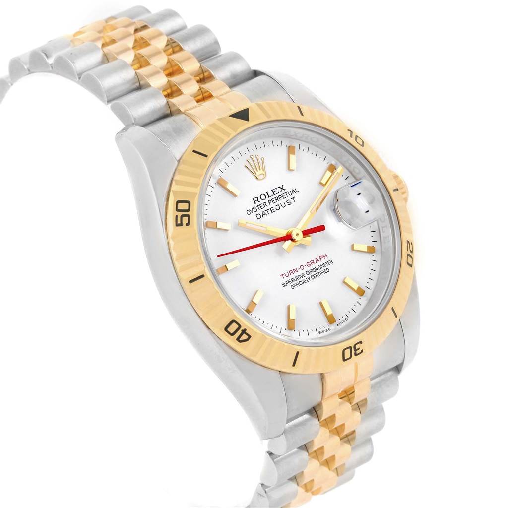 This Rolex Turn-o-Graph 116263 Men's Stainless Steel White Dial 116263 Men's Stainless Steel White Dial watch is shown at an angle highlighting the face, bezel, and integrated two-tone bracelet.