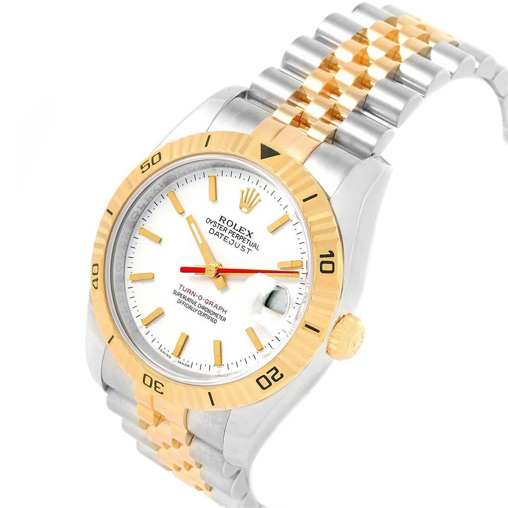 The Rolex Turn-o-Graph 116263 Men's Stainless Steel White Dial 116263 Men's Stainless Steel White Dial watch is shown from an angled view, highlighting the dial, bezel, crown, and two-tone bracelet.