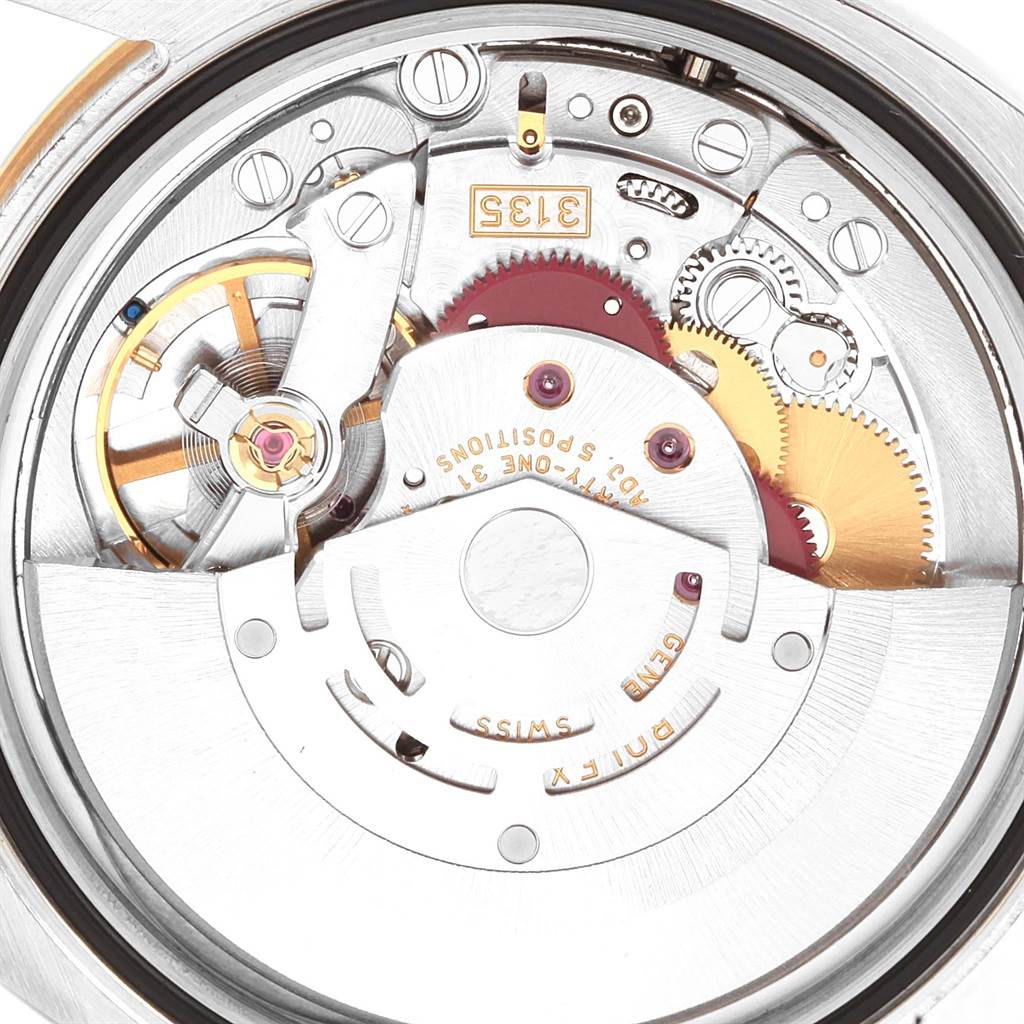 This is a close-up view of the internal mechanical movement of a Rolex Turn-o-Graph 116263 Men's Stainless Steel White Dial 116263 Men's Stainless Steel White Dial watch.