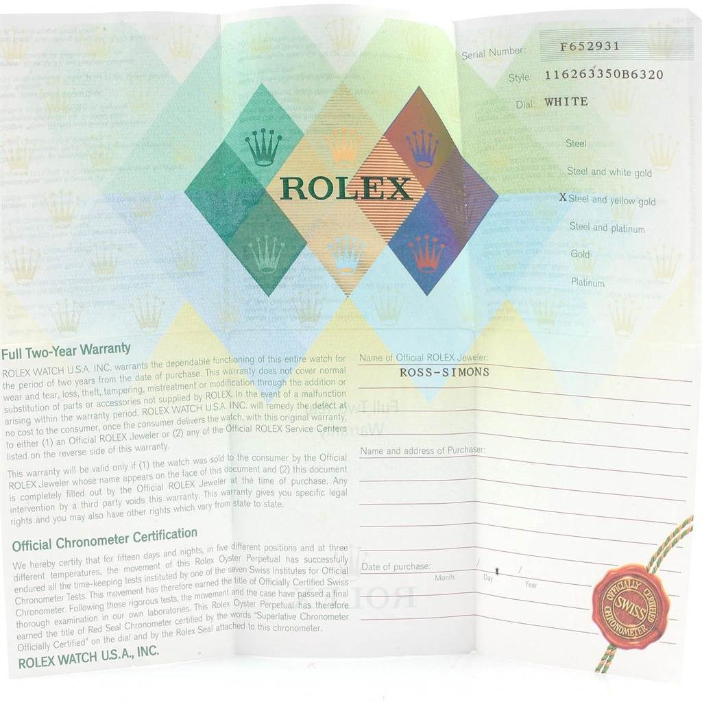 This image shows the warranty and certification papers for a Rolex Turn-o-Graph 116263 Men's Stainless Steel White Dial 116263 Men's Stainless Steel White Dial watch model.