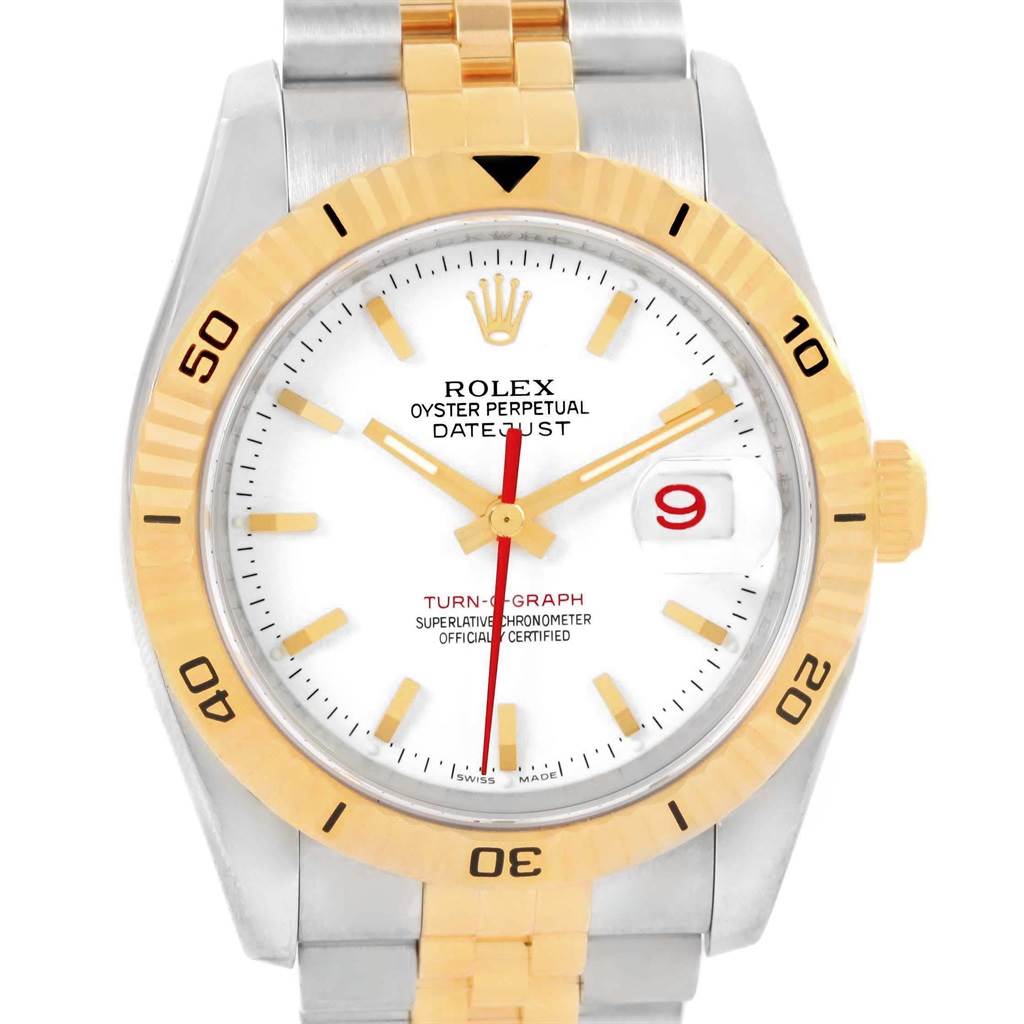 The Rolex Turn-o-Graph 116263 Men's Stainless Steel White Dial 116263 Men's Stainless Steel White Dial watch is shown from a front-view angle, displaying its bezel, dial, hands, and part of the bracelet.