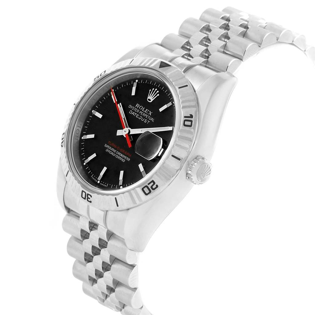 The Rolex Turn-o-Graph 116264 Men
s Stainless Steel Black Dial 116264 Men
s Stainless Steel Black Dial watch is shown at a three-quarter angle, displaying the face, bezel, crown, and part of the bracelet.