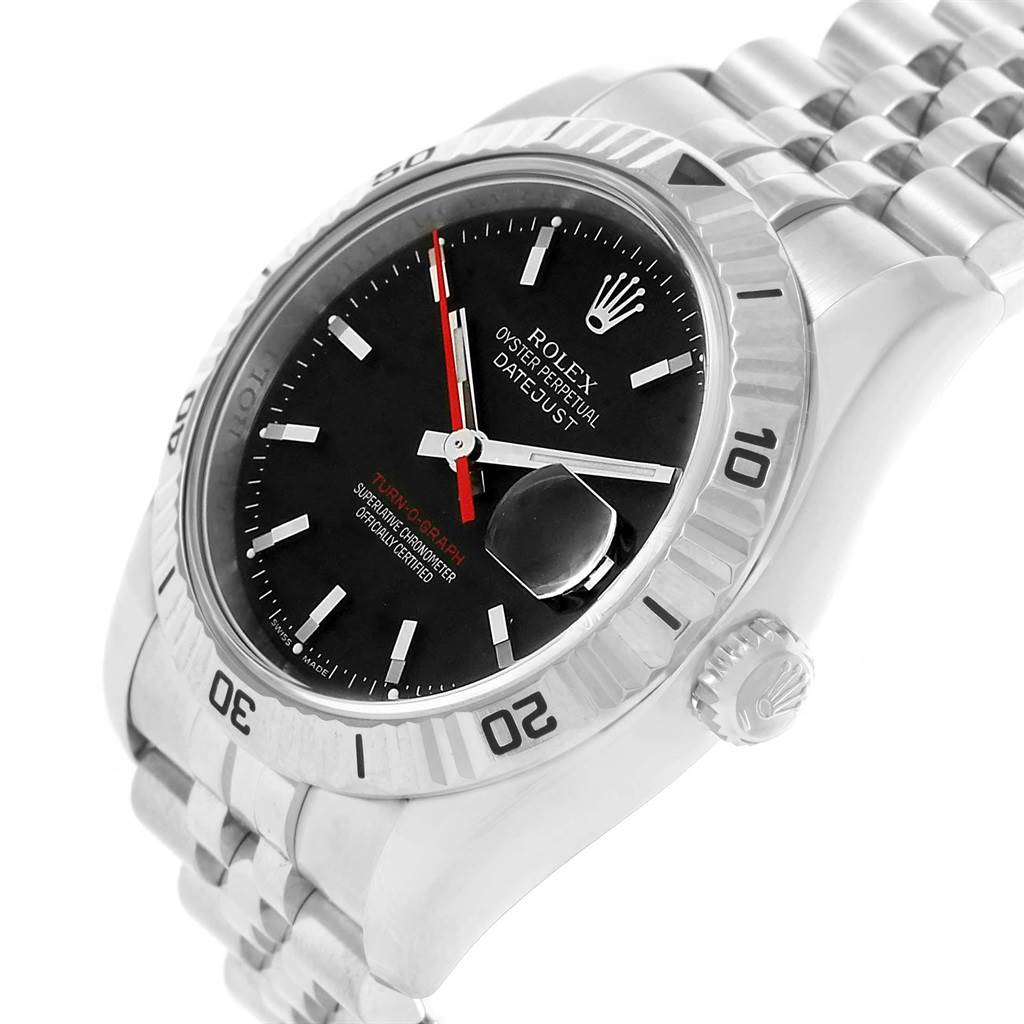 The image shows a Rolex Turn-o-Graph 116264 Men
s Stainless Steel Black Dial 116264 Men
s Stainless Steel Black Dial watch from a 3/4 angle, highlighting its bezel, crown, dial, and bracelet.