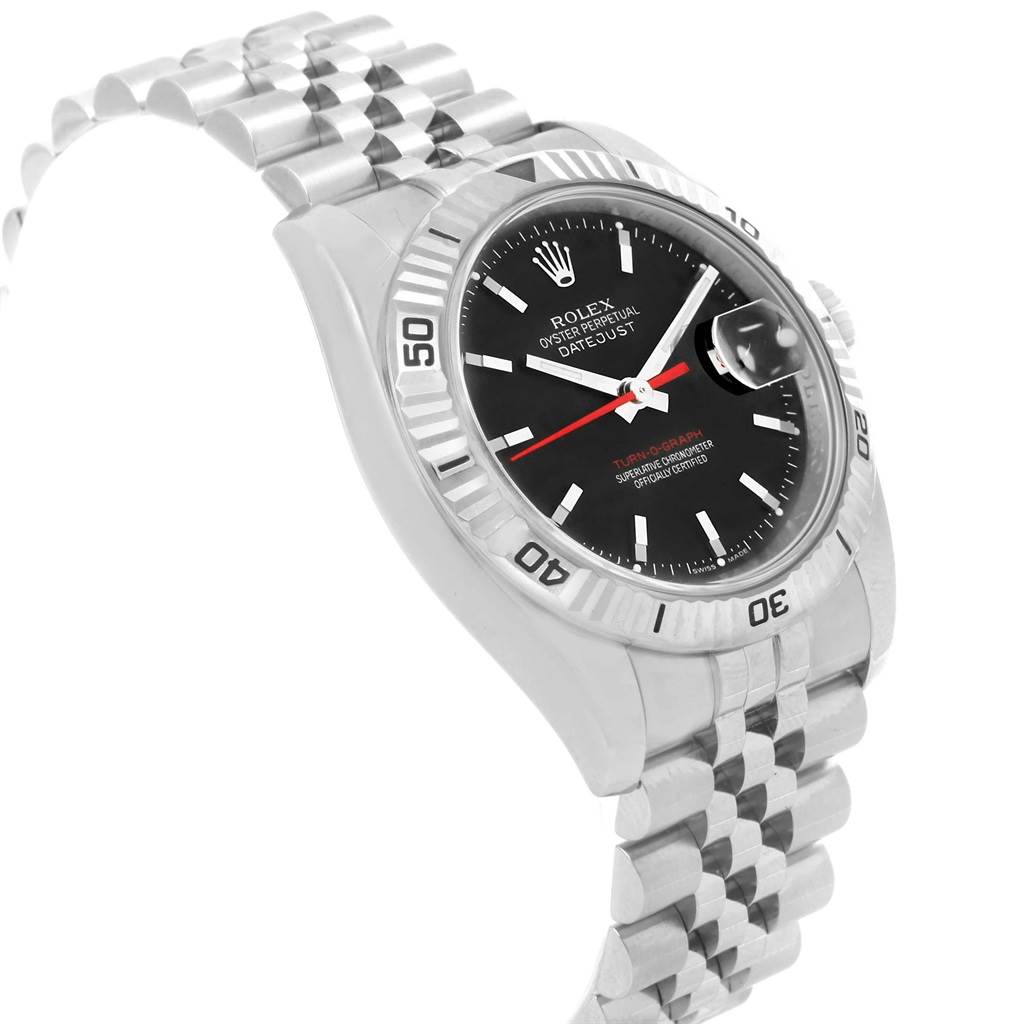 The image shows a side angle of a Rolex Turn-o-Graph 116264 Men
s Stainless Steel Black Dial 116264 Men
s Stainless Steel Black Dial watch, clearly displaying its face, bezel, and part of the bracelet.
