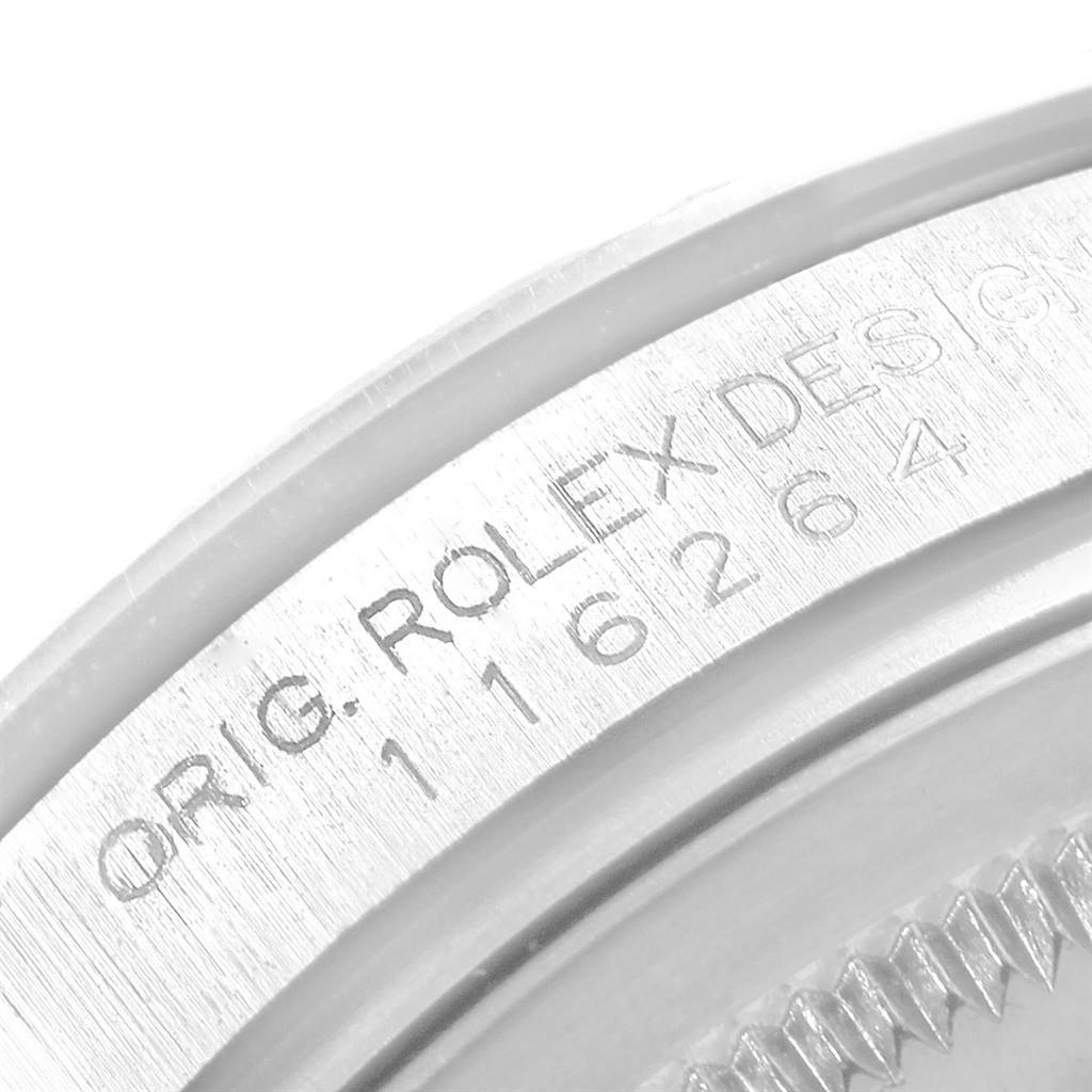 This image shows a close-up of the case side, engravings, and bezel teeth of the Rolex Turn-o-Graph 116264 Men
s Stainless Steel Blue Dial 116264 Men
s Stainless Steel Blue Dial model.