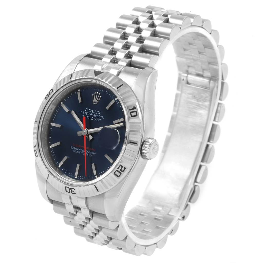 This image shows a Rolex Turn-o-Graph 116264 Men
s Stainless Steel Blue Dial 116264 Men
s Stainless Steel Blue Dial watch at an angled perspective, highlighting its face, bezel, crown, and bracelet.