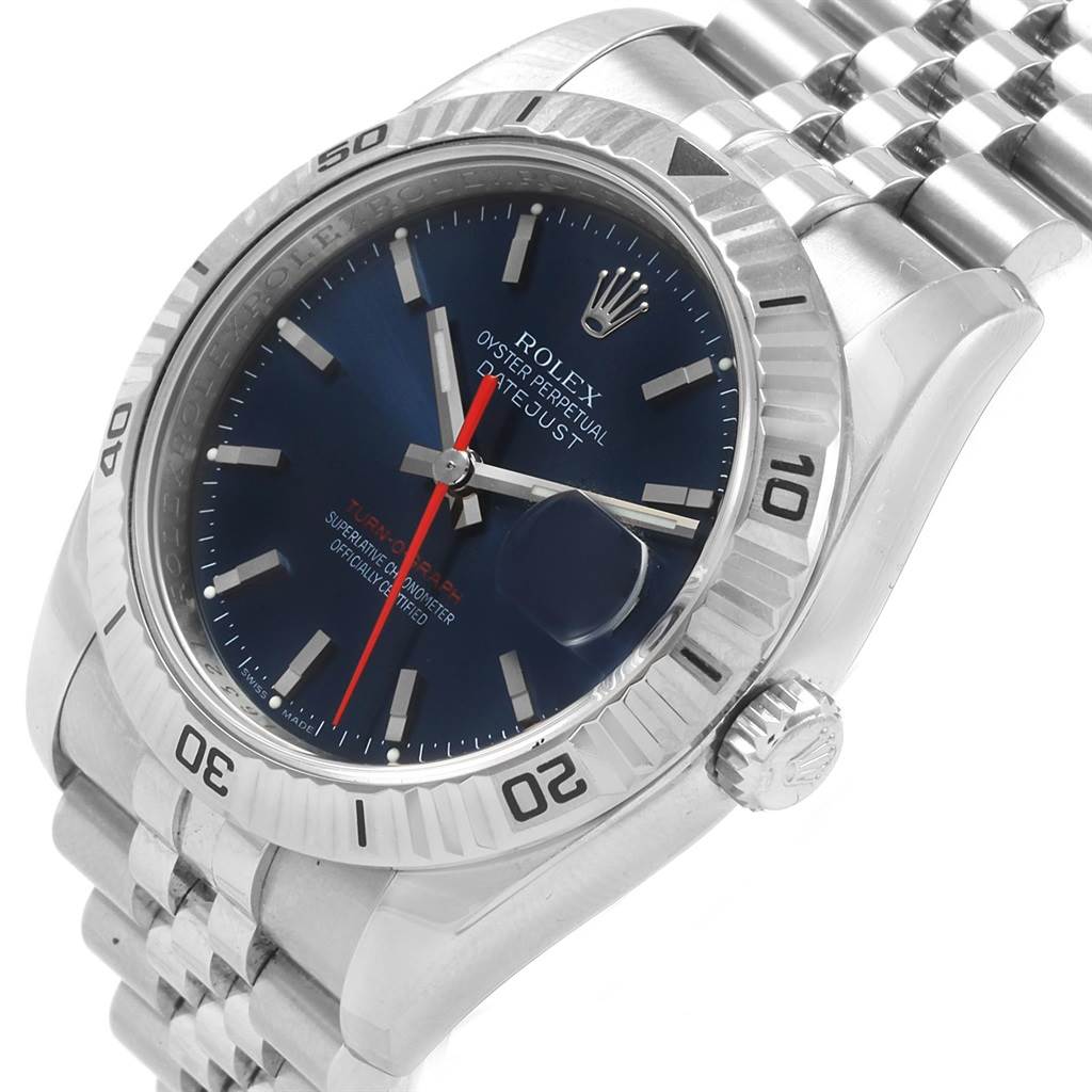 This image shows a Rolex Turn-o-Graph 116264 Men
s Stainless Steel Blue Dial 116264 Men
s Stainless Steel Blue Dial watch at a slight angle, highlighting the dial, bezel, crown, and bracelet.