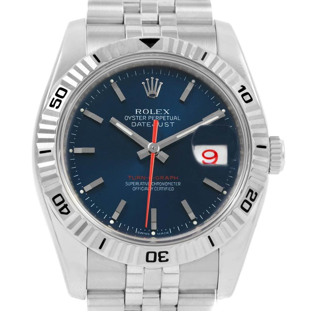 The image shows a front view of a Rolex Turn-o-Graph 116264 Men
s Stainless Steel Blue Dial 116264 Men
s Stainless Steel Blue Dial watch, highlighting the face, bezel, and bracelet.