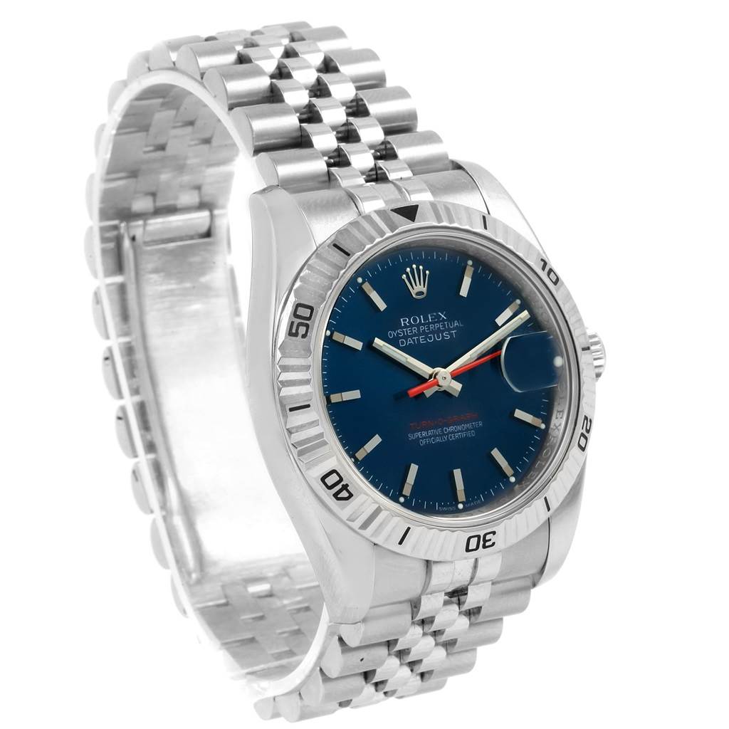 The Rolex Turn-o-Graph 116264 Men
s Stainless Steel Blue Dial 116264 Men
s Stainless Steel Blue Dial watch is shown at an angle displaying the face, bezel, and part of the bracelet.