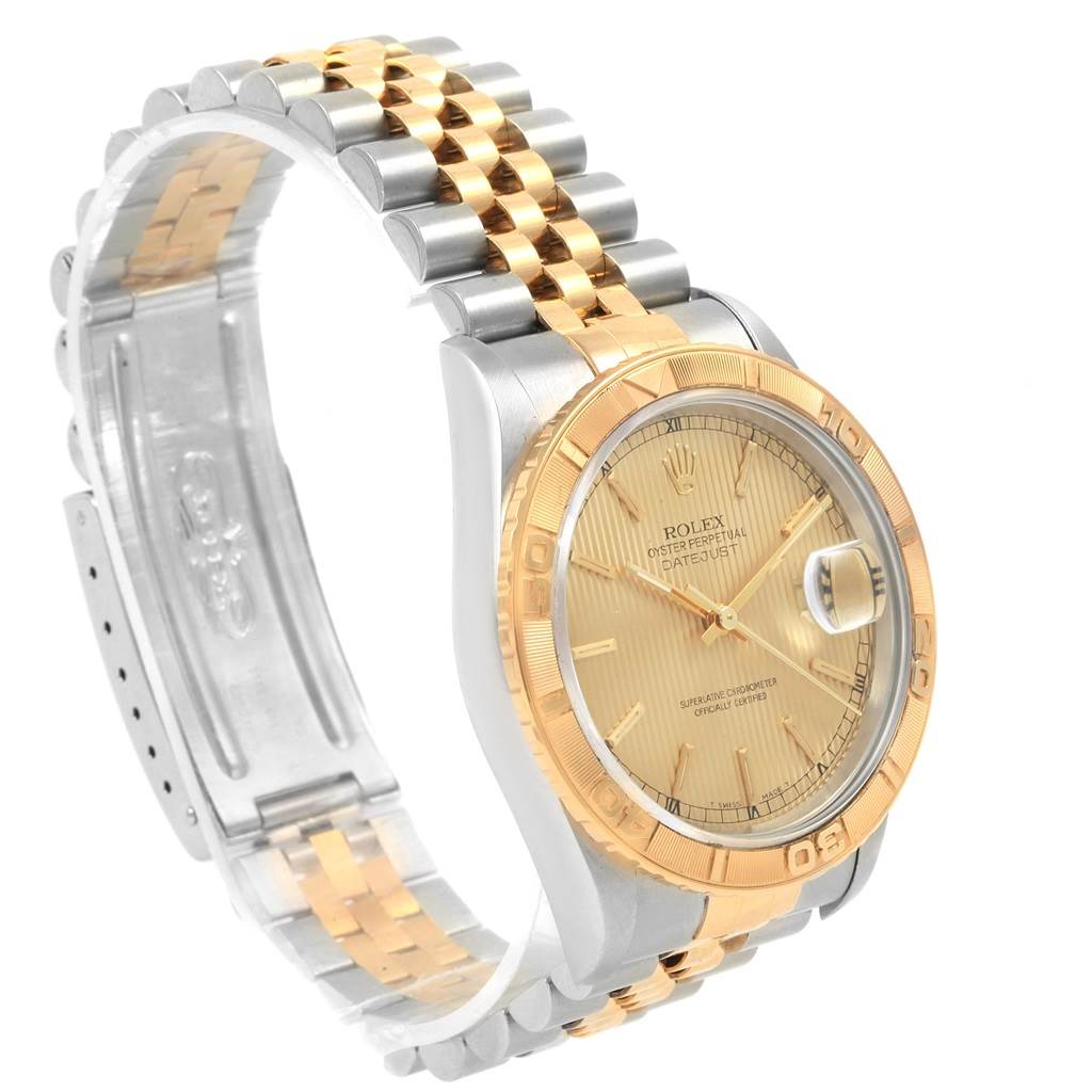 The image shows a Rolex Turn-o-Graph 16263 Men's Steel and Gold (two tone) Champagne Dial 16263 Men's Steel and Gold (two tone) Champagne Dial watch at a 3/4 angle, highlighting its two-tone bracelet and gold-tone bezel and dial.