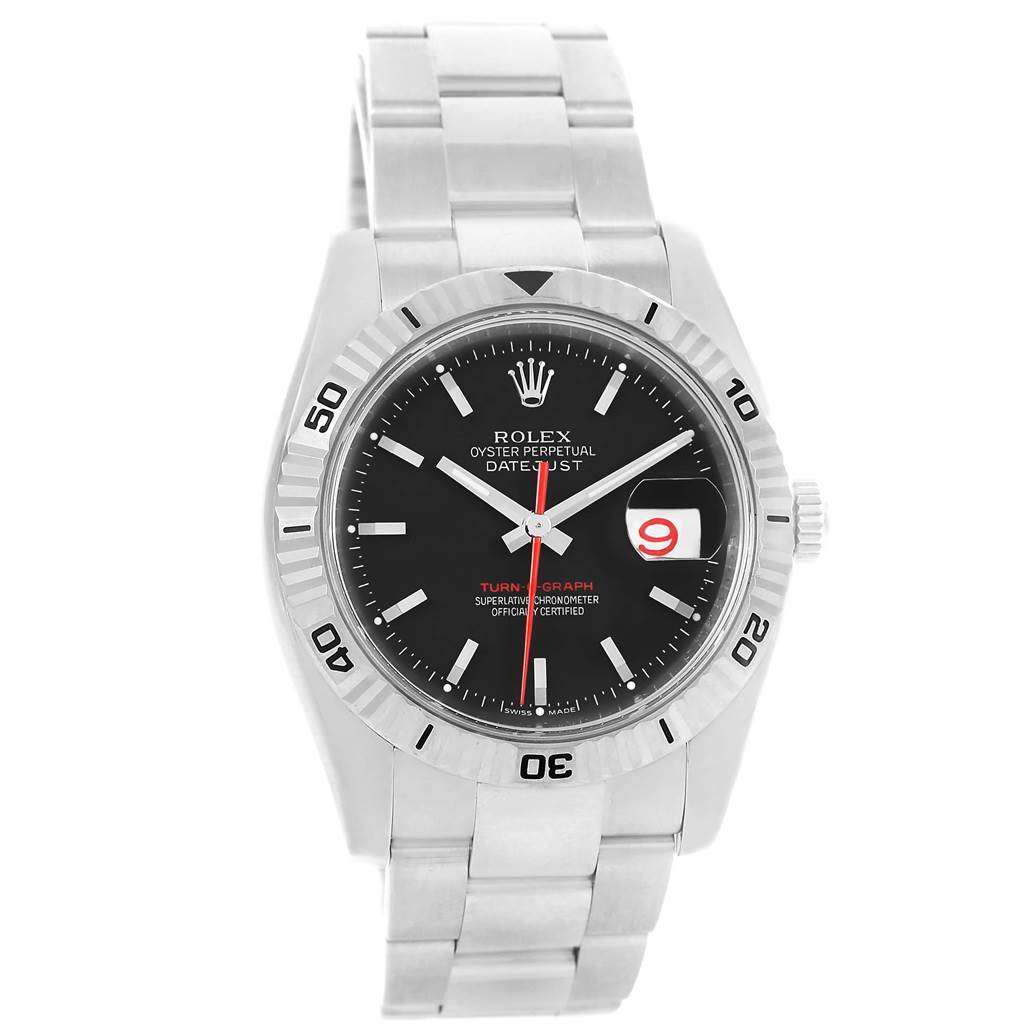 The image shows a frontal view of the Rolex Turn-o-Graph 116264 Men
s Stainless Steel Black Dial 116264 Men
s Stainless Steel Black Dial watch, highlighting the dial, bezel, and bracelet.