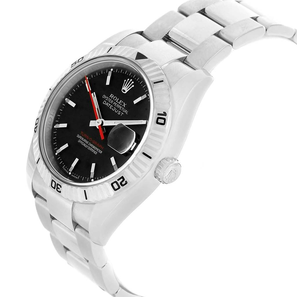 The Rolex Turn-o-Graph 116264 Men
s Stainless Steel Black Dial 116264 Men
s Stainless Steel Black Dial is shown at a three-quarter angle, displaying its black dial, rotating bezel, and metal link bracelet.