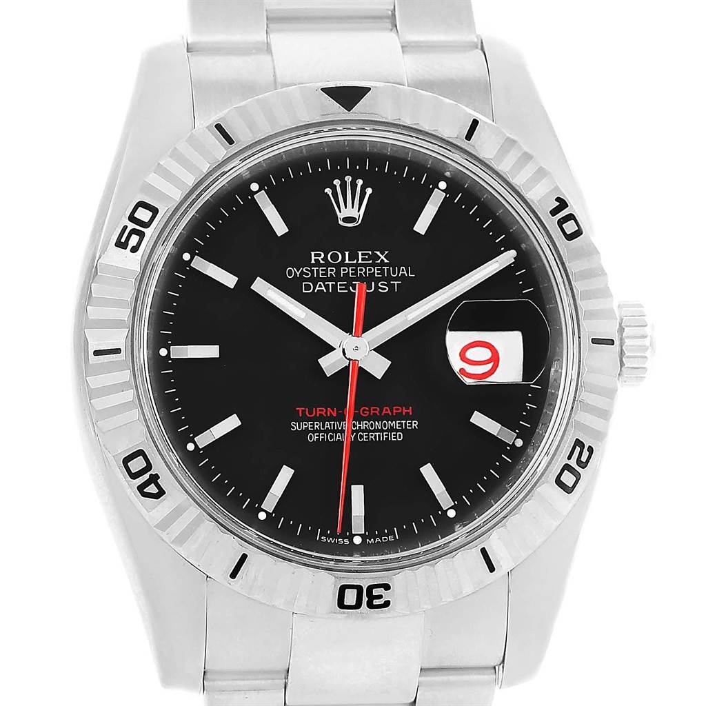 The image shows a front view of a Rolex Turn-o-Graph 116264 Men
s Stainless Steel Black Dial 116264 Men
s Stainless Steel Black Dial watch, highlighting the dial, bezel, crown, and part of the bracelet.