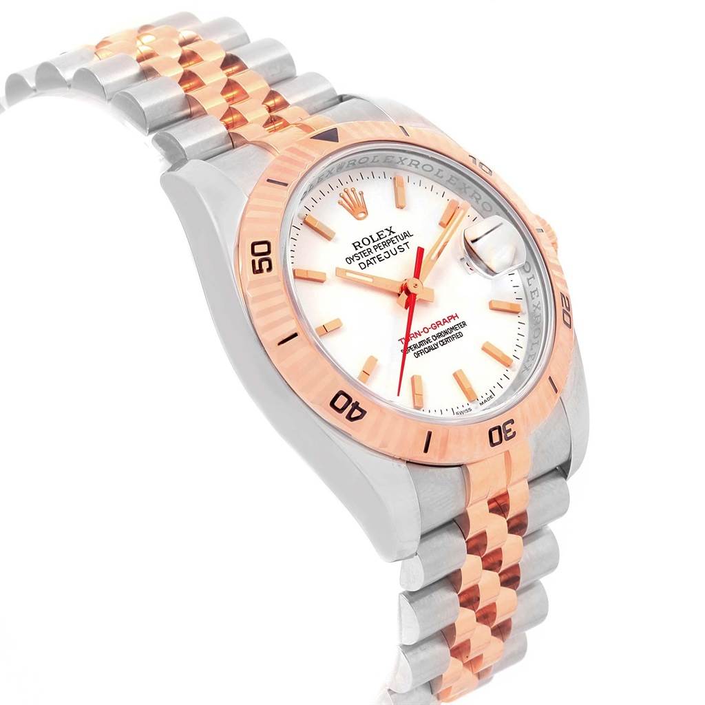 The image shows the Rolex Turn-o-Graph 116261 Men
s Stainless Steel White Dial 116261 Men
s Stainless Steel White Dial watch at an angle, highlighting its face, bezel, and two-tone bracelet.