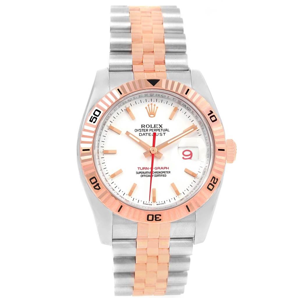 The Rolex Turn-o-Graph 116261 Men
s Stainless Steel White Dial 116261 Men
s Stainless Steel White Dial watch is shown from a front angle, displaying the bezel, dial, hands, date window, and part of the bracelet.