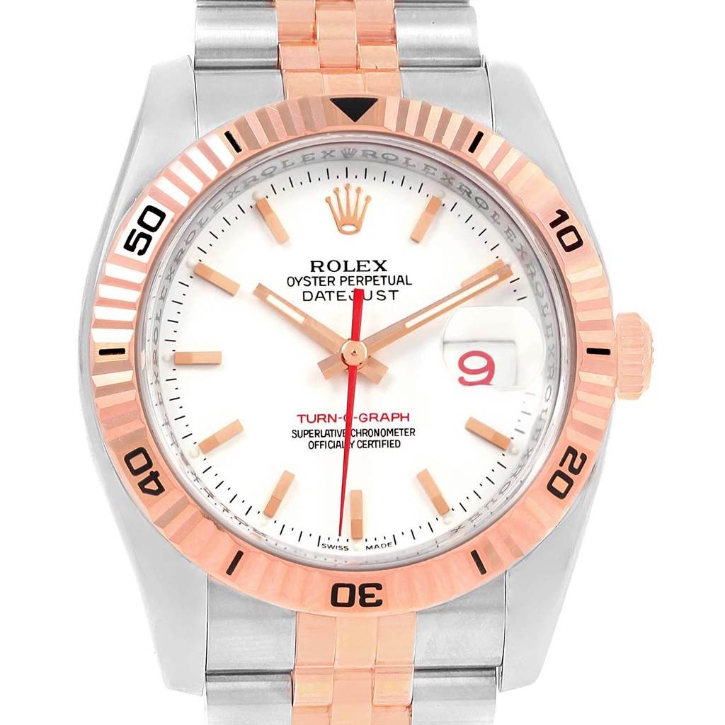 The image shows the face and partial bracelet of a Rolex Turn-o-Graph 116261 Men
s Stainless Steel White Dial 116261 Men
s Stainless Steel White Dial watch, viewed directly from the front.