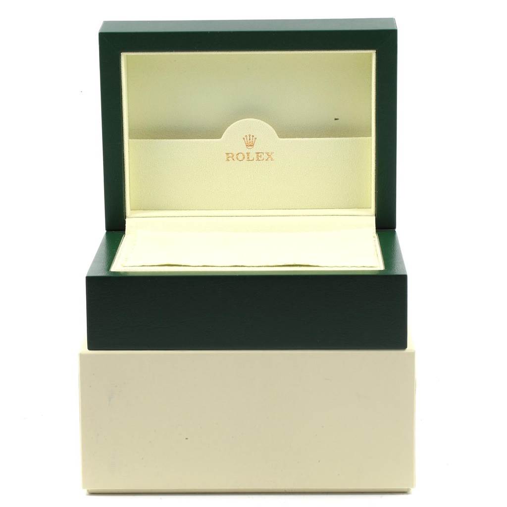 The image shows an empty open box for a Rolex Turn-o-Graph 116261 Men
s Stainless Steel White Dial 116261 Men
s Stainless Steel White Dial watch, viewed from the front.