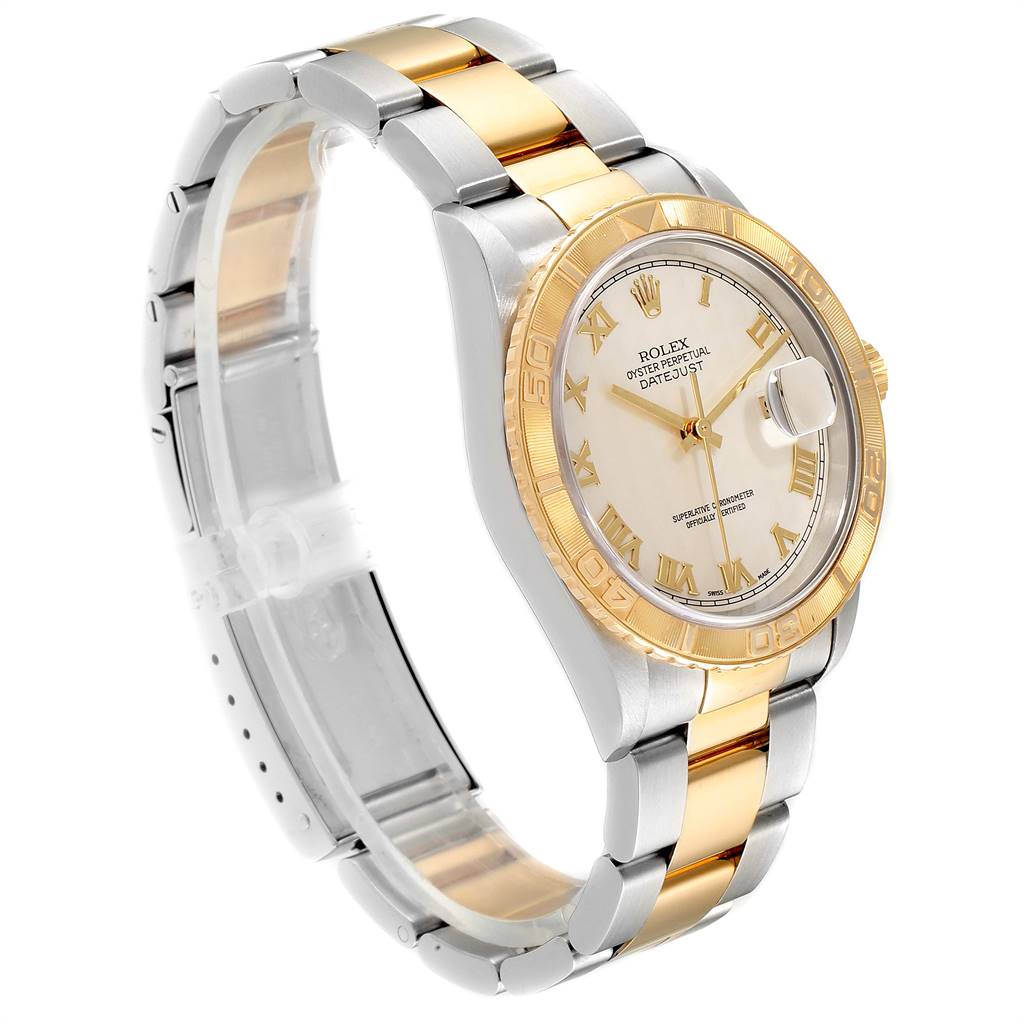 The image shows a Rolex Turn-o-Graph 16263 Men's Steel and Gold (two tone) Beige Dial 16263 Men's Steel and Gold (two tone) Beige Dial watch at a three-quarter angle, highlighting the stainless steel and gold bracelet, bezel, and dial.