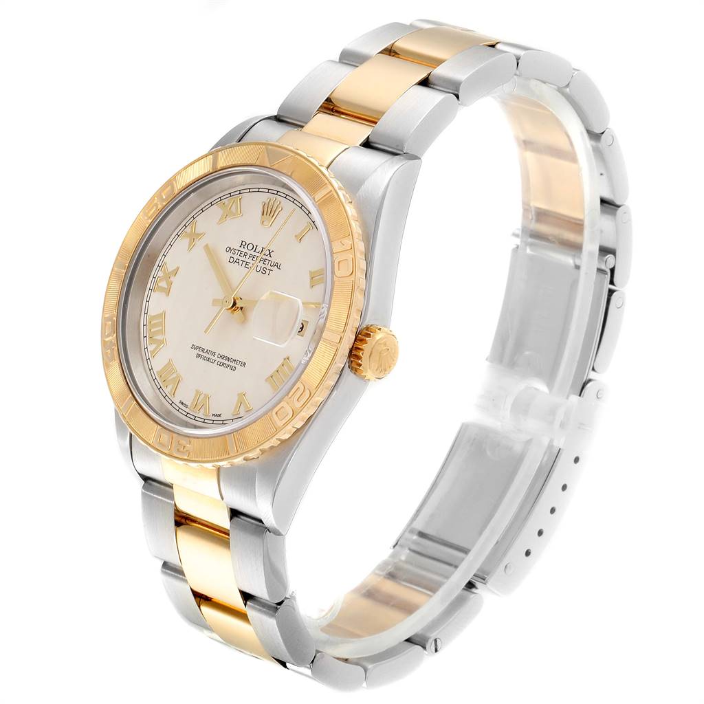 This Rolex Turn-o-Graph 16263 Men's Steel and Gold (two tone) Beige Dial 16263 Men's Steel and Gold (two tone) Beige Dial watch is shown at a three-quarter angle, displaying its face, bezel, and two-tone bracelet.