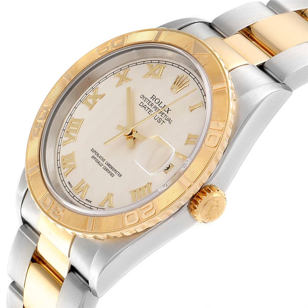 The image shows a Rolex Turn-o-Graph 16263 Men's Steel and Gold (two tone) Beige Dial 16263 Men's Steel and Gold (two tone) Beige Dial watch at an angle highlighting the dial, bezel, crown, and two-tone bracelet.