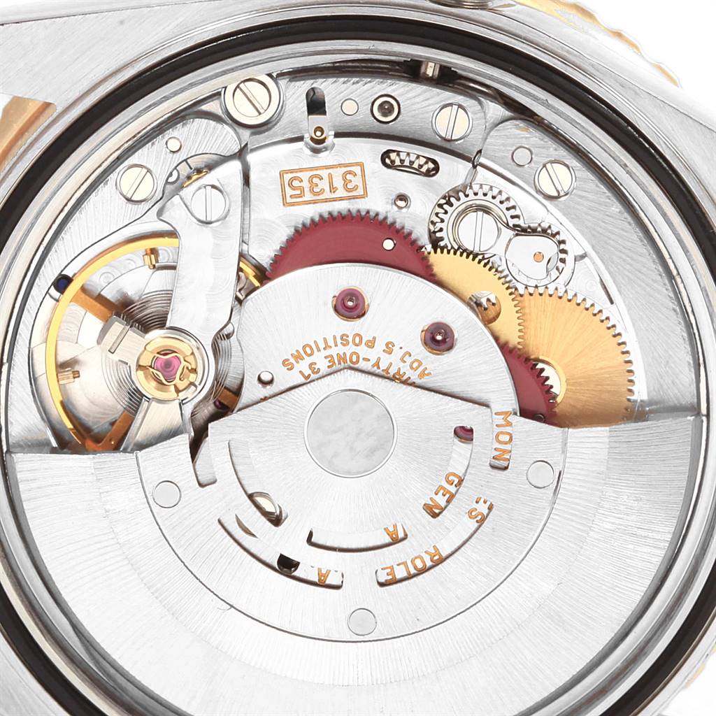 The image shows the internal mechanism of a Rolex Turn-o-Graph 16263 Men's Steel and Gold (two tone) Beige Dial 16263 Men's Steel and Gold (two tone) Beige Dial model watch from a close-up angle.