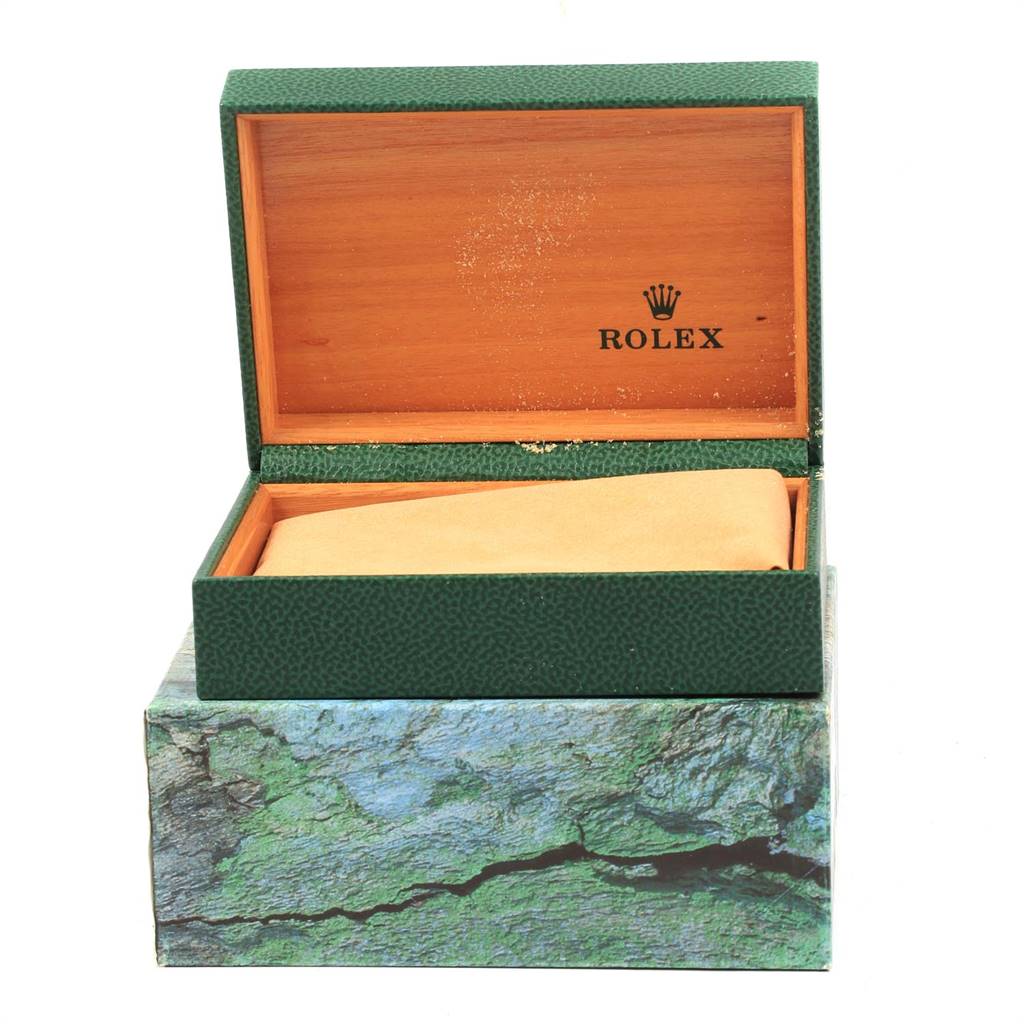The image shows an open green and wooden Rolex box, presumably for a Turn-o-Graph model watch by Rolex.