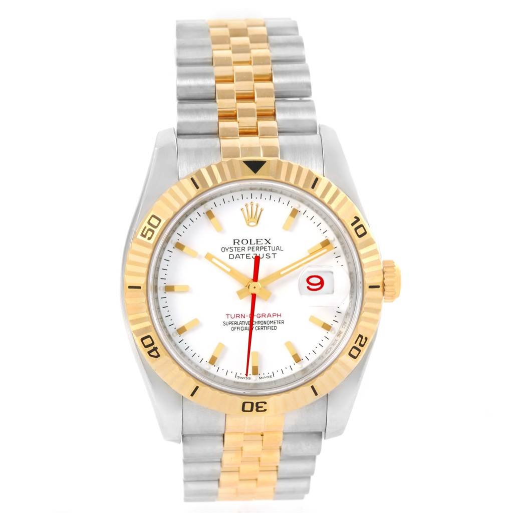 The image shows a front view of a Rolex Turn-o-Graph 116263 Men
s Stainless Steel White Dial 116263 Men
s Stainless Steel White Dial watch displaying its dial, bezel, and bracelet.