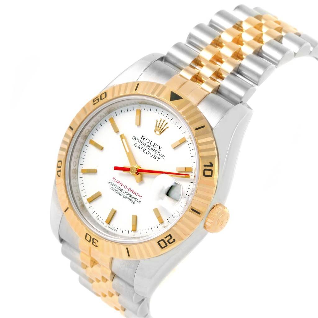 The image shows a Rolex Turn-o-Graph 116263 Men
s Stainless Steel White Dial 116263 Men
s Stainless Steel White Dial watch at a three-quarter angle, highlighting the bezel, dial, and two-tone bracelet.