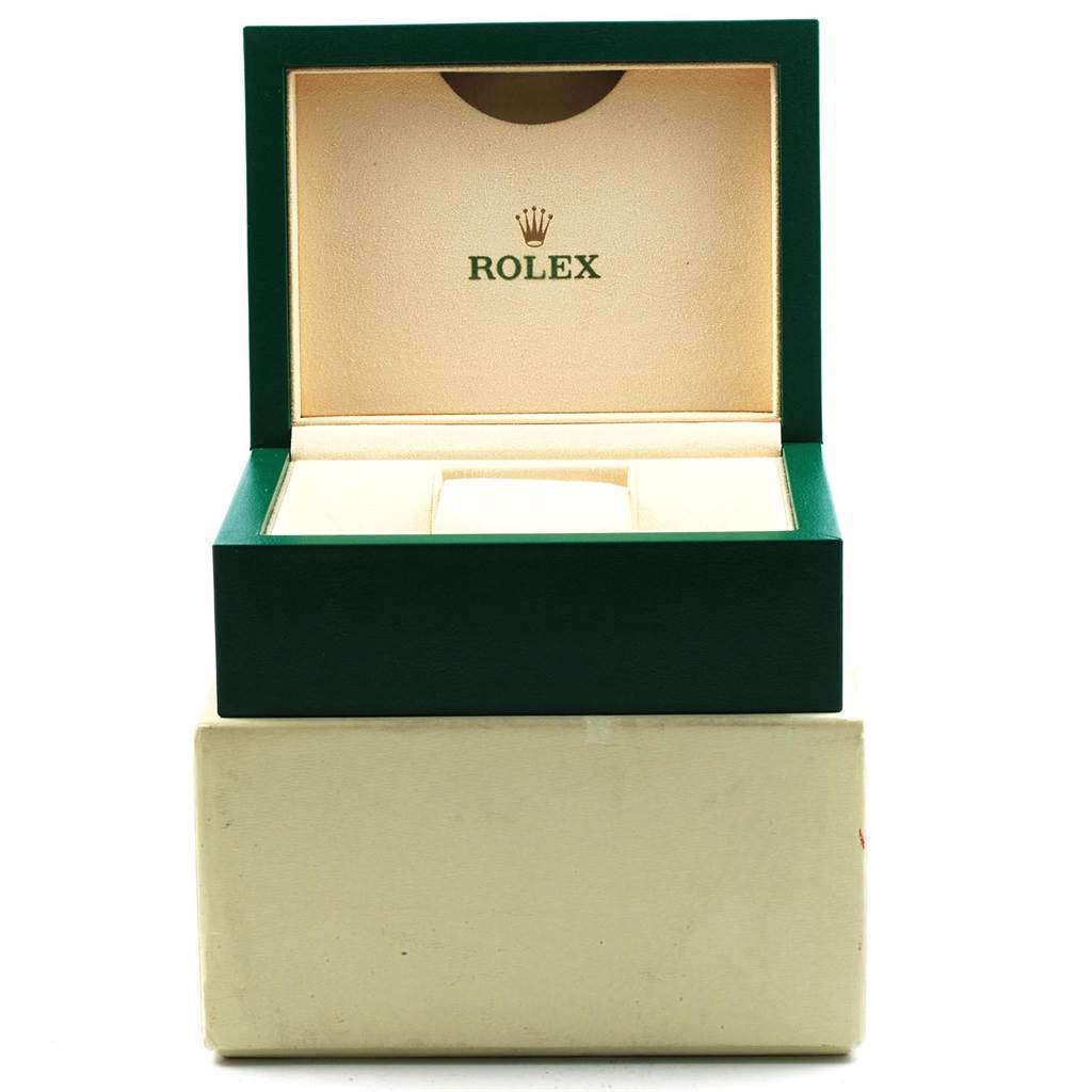 The image shows an open green Rolex watch box for a Turn-o-Graph model, with the Rolex logo on the inside lid.