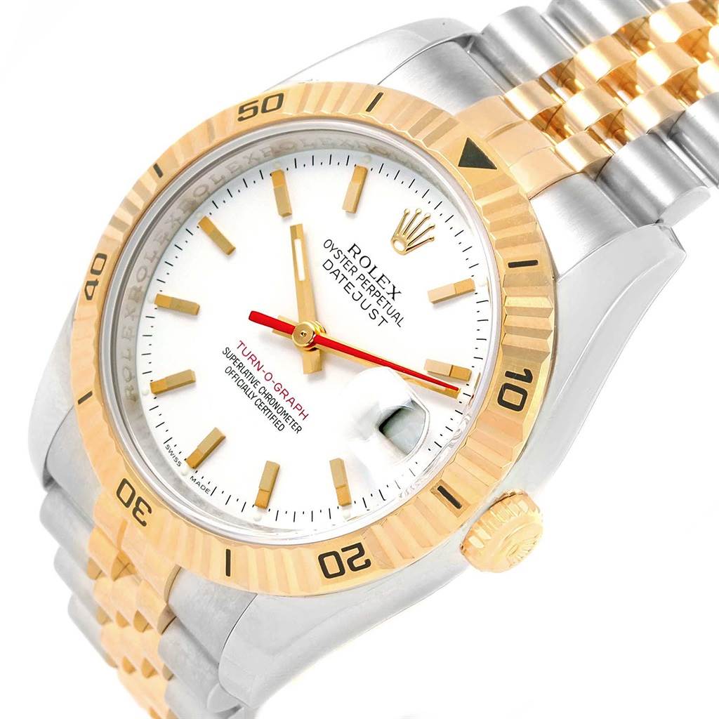 This image shows a Rolex Turn-o-Graph 116263 Men
s Stainless Steel White Dial 116263 Men
s Stainless Steel White Dial watch at an angled view highlighting the bezel, dial, crown, and part of the bracelet.