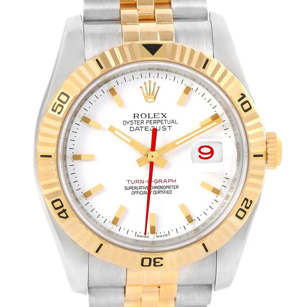 This image shows the front view of a Rolex Turn-o-Graph 116263 Men
s Stainless Steel White Dial 116263 Men
s Stainless Steel White Dial model watch, focusing on its dial, bezel, and bracelet.