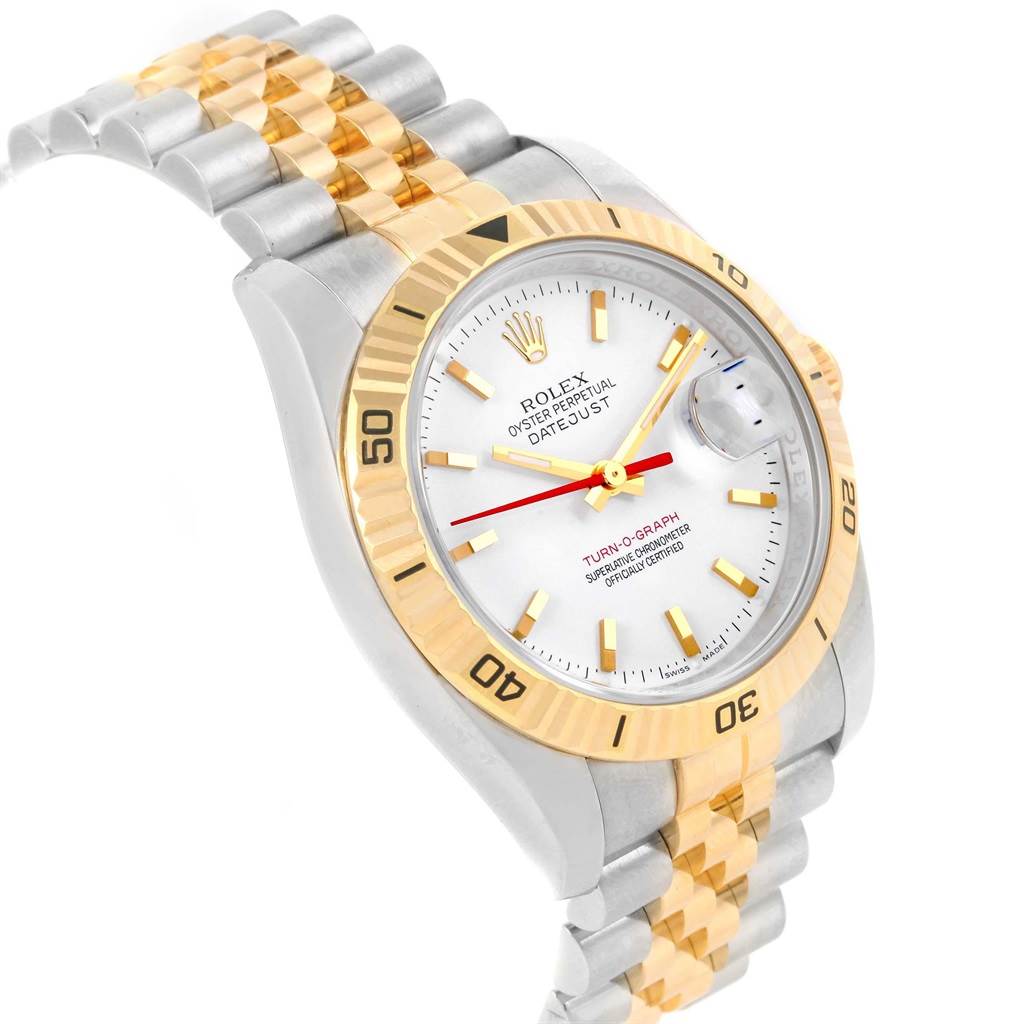 The image shows a Rolex Turn-o-Graph 116263 Men
s Stainless Steel White Dial 116263 Men
s Stainless Steel White Dial watch angled to highlight its gold bezel, silver and gold link bracelet, and white dial.