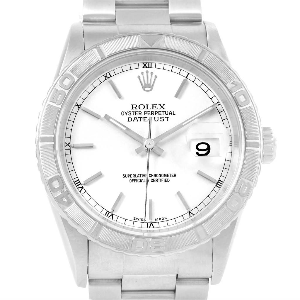 This image shows a front view of the Rolex Turn-o-Graph 16264 Men
s Stainless Steel White Dial 16264 Men
s Stainless Steel White Dial watch, displaying the dial, bezel, crown, and part of the bracelet.
