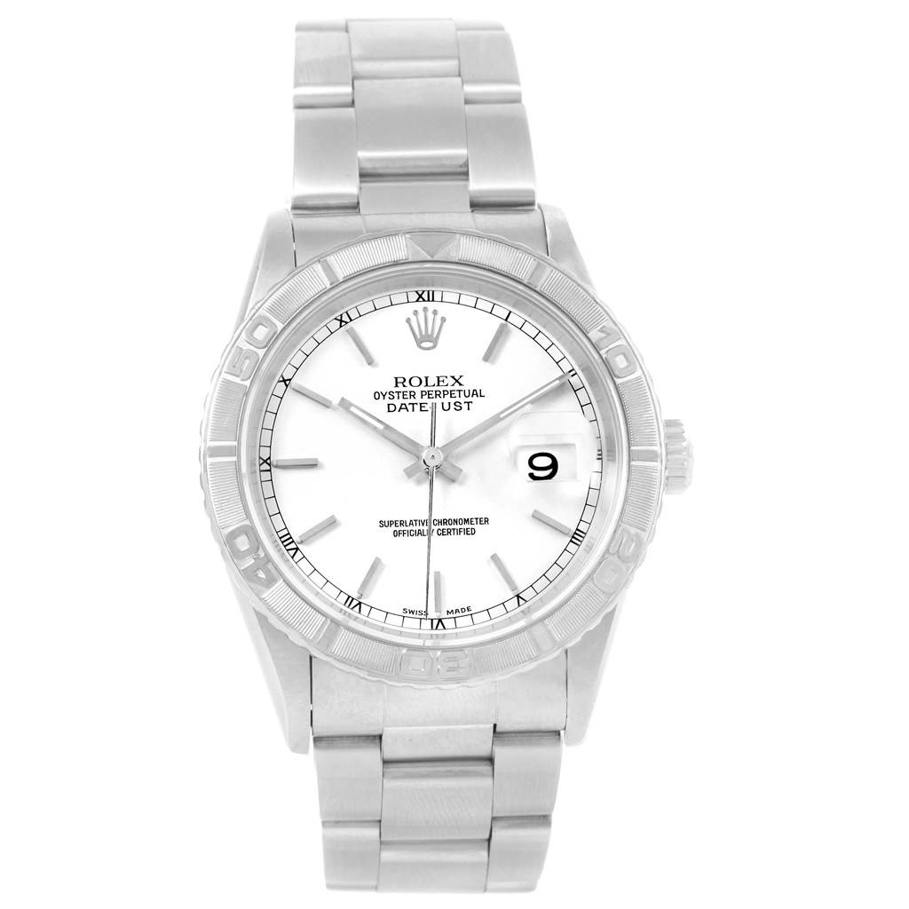 This image shows a front view of a Rolex Turn-o-Graph 16264 Men
s Stainless Steel White Dial 16264 Men
s Stainless Steel White Dial watch, highlighting the dial, bezel, and bracelet.