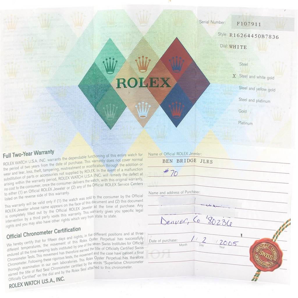 This image shows the warranty and certification card for the Rolex Turn-o-Graph 16264 Men
s Stainless Steel White Dial 16264 Men
s Stainless Steel White Dial model.