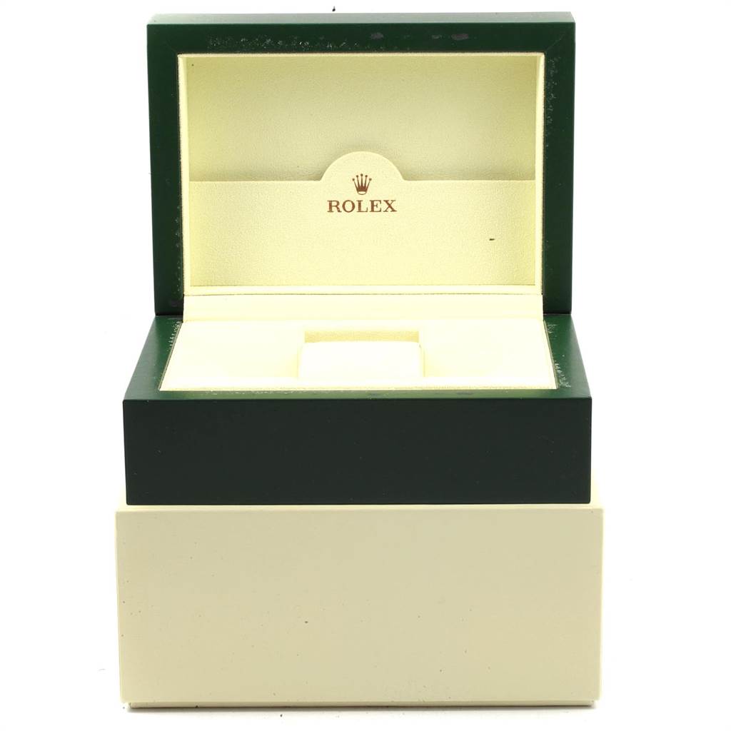 The image shows an open Rolex watch box, which is empty and meant for the Rolex Turn-o-Graph 116264 Men
s Stainless Steel Black Dial 116264 Men
s Stainless Steel Black Dial model.