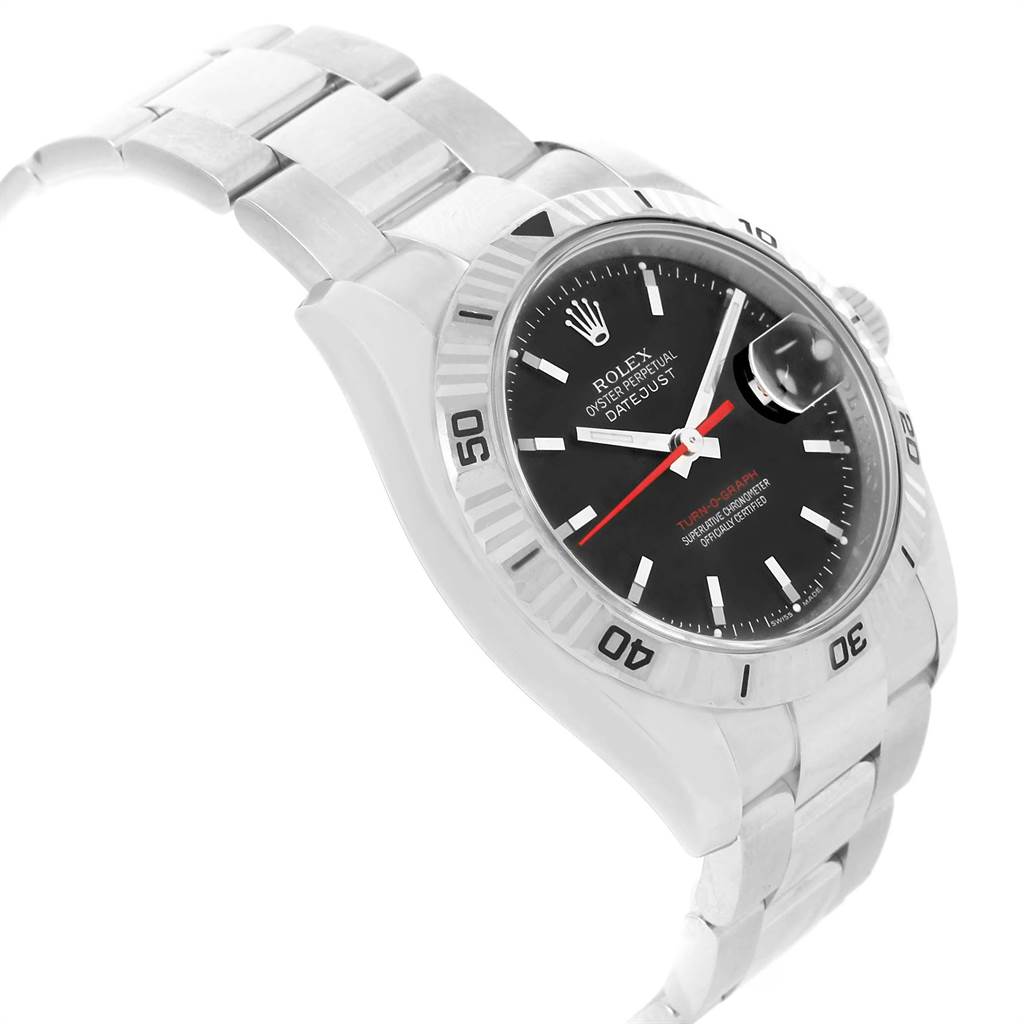 The Rolex Turn-o-Graph 116264 Men
s Stainless Steel Black Dial 116264 Men
s Stainless Steel Black Dial model is shown at an angle, highlighting the dial, bezel, and part of the bracelet.