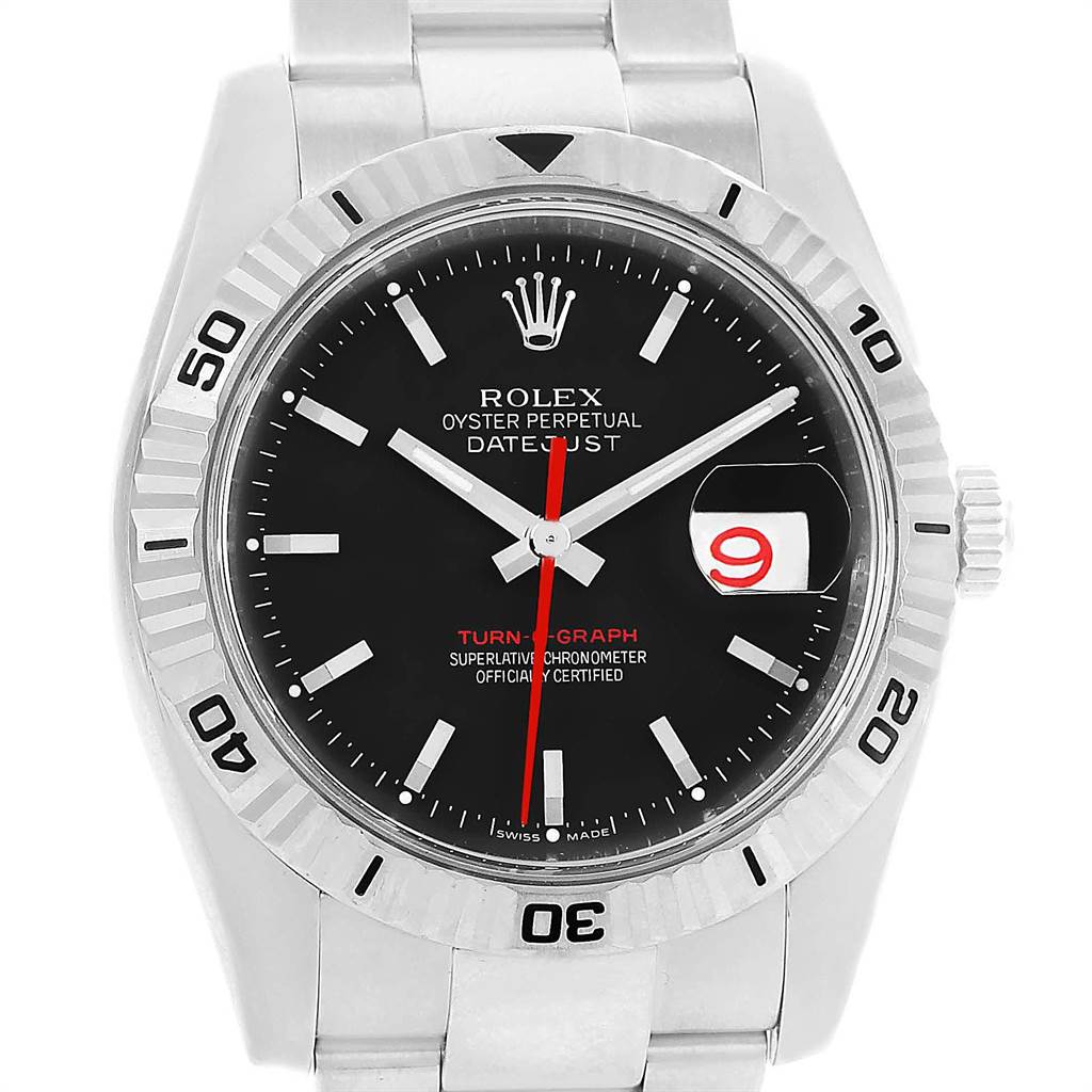 The Rolex Turn-o-Graph 116264 Men
s Stainless Steel Black Dial 116264 Men
s Stainless Steel Black Dial watch is shown from a front angle, detailing the dial, bezel, and part of the bracelet.