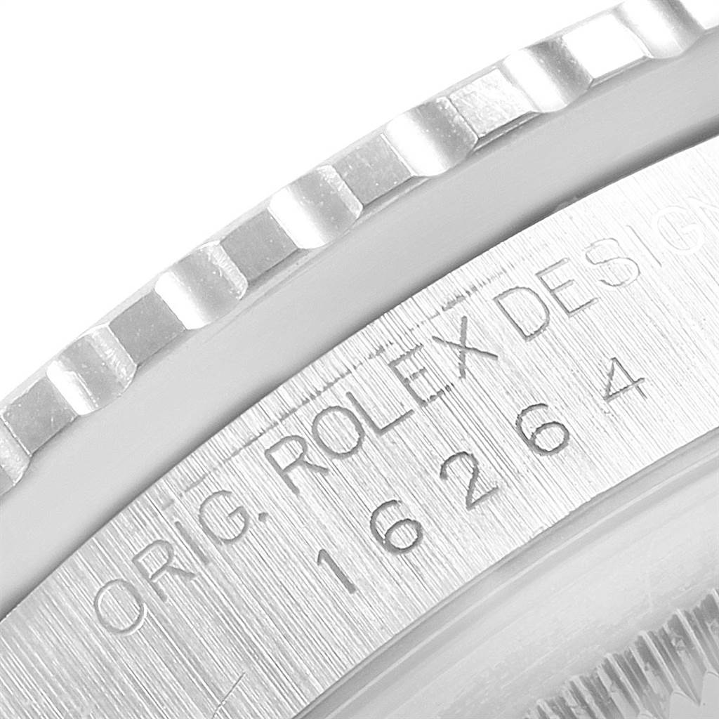 This image shows a close-up of the bezel and model engraving on the case of the Rolex Turn-o-Graph 16264 Men
s Stainless Steel Black Dial 16264 Men
s Stainless Steel Black Dial watch.