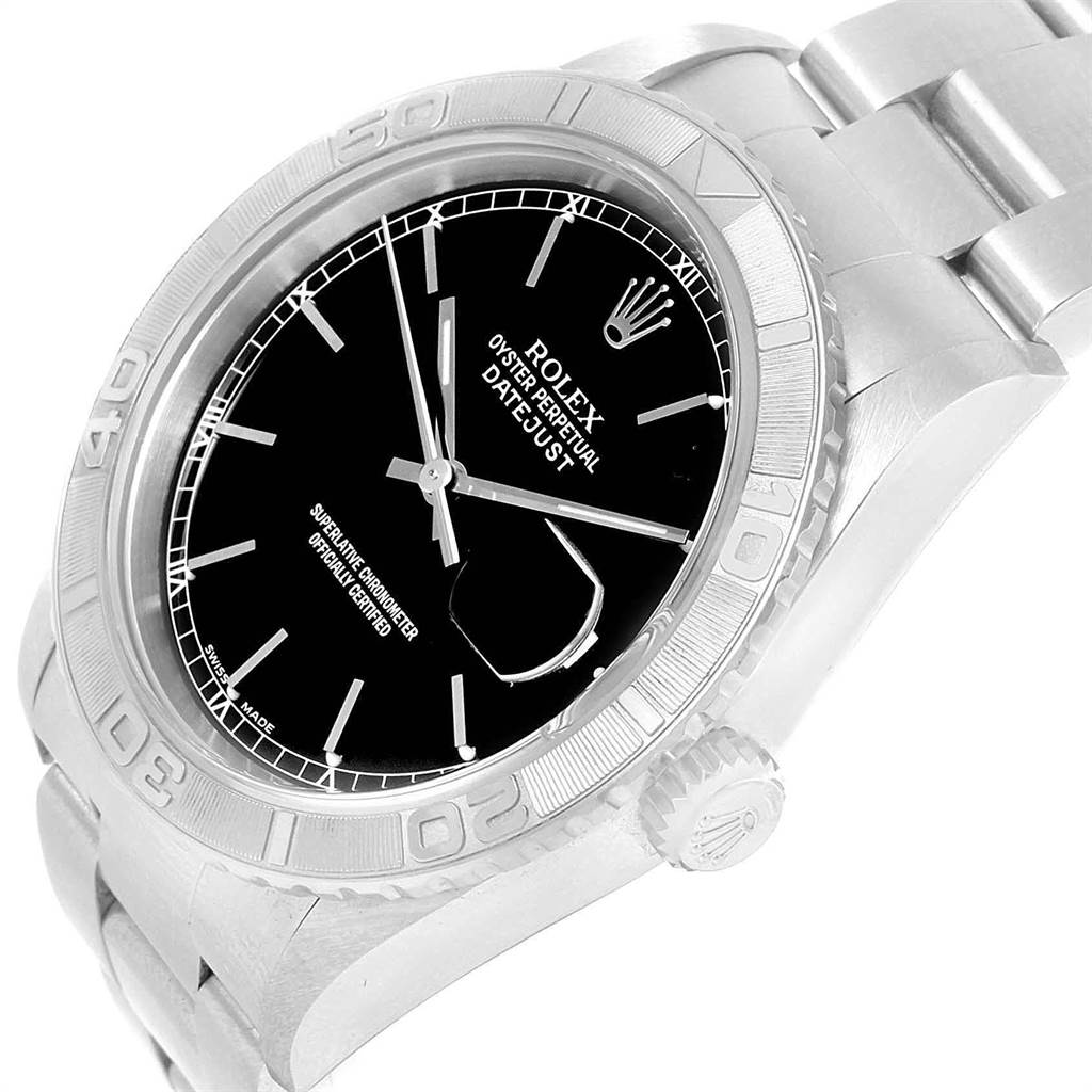 The image shows a Rolex Turn-o-Graph 16264 Men
s Stainless Steel Black Dial 16264 Men
s Stainless Steel Black Dial watch with a silver bracelet, viewed at an angle displaying the black dial and side crown.
