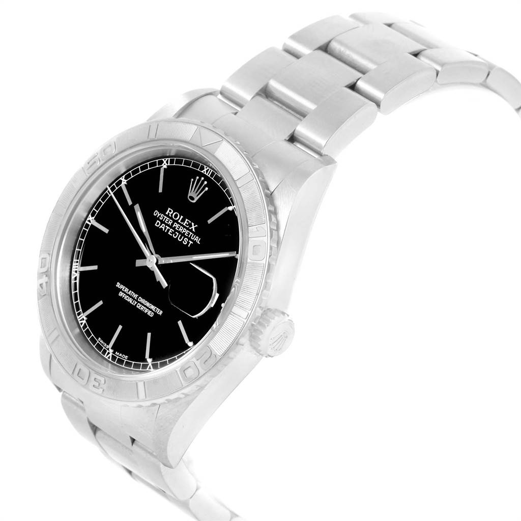 The image shows a Rolex Turn-o-Graph 16264 Men
s Stainless Steel Black Dial 16264 Men
s Stainless Steel Black Dial watch at an angled side view, displaying its black dial, bezel, and stainless steel bracelet.