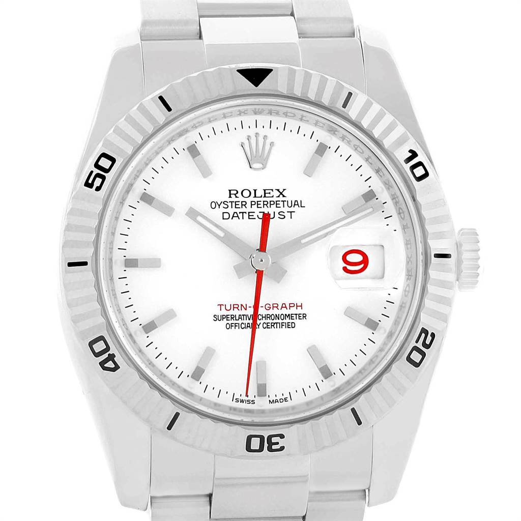 The image shows the front view of the Rolex Turn-o-Graph 116264 Men
s Stainless Steel White Dial 116264 Men
s Stainless Steel White Dial watch, displaying its face, dial, hands, bezel, date window, and part of its bracelet.