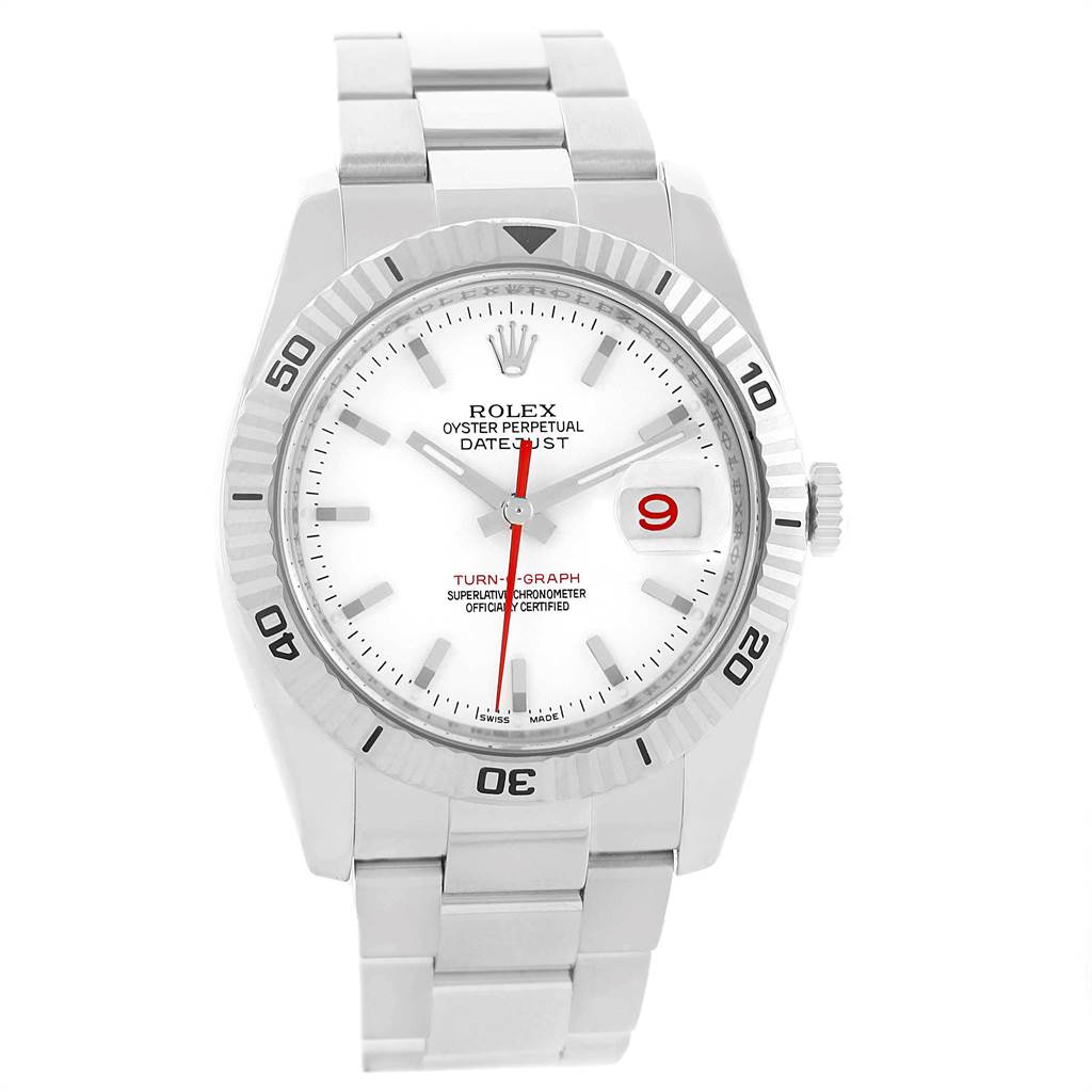 The image shows a front view of the Rolex Turn-o-Graph 116264 Men
s Stainless Steel White Dial 116264 Men
s Stainless Steel White Dial watch, highlighting its face, bezel, and stainless steel bracelet.