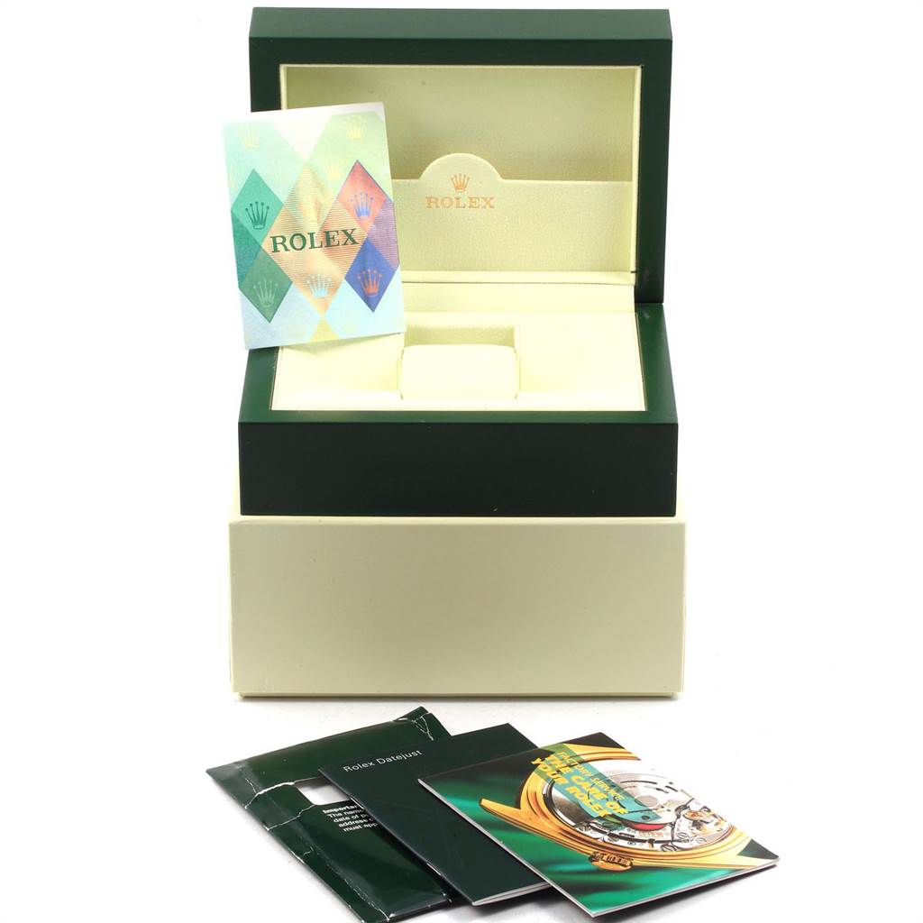 The image shows an open Rolex Turn-o-Graph 116264 Men
s Stainless Steel White Dial 116264 Men
s Stainless Steel White Dial watch box with accompanying booklets and warranty card from a front angle.