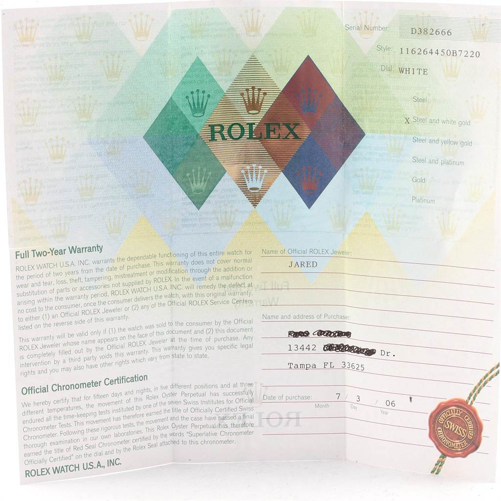 The image shows the warranty and certification paper for a Rolex Turn-o-Graph 116264 Men
s Stainless Steel White Dial 116264 Men
s Stainless Steel White Dial model watch.